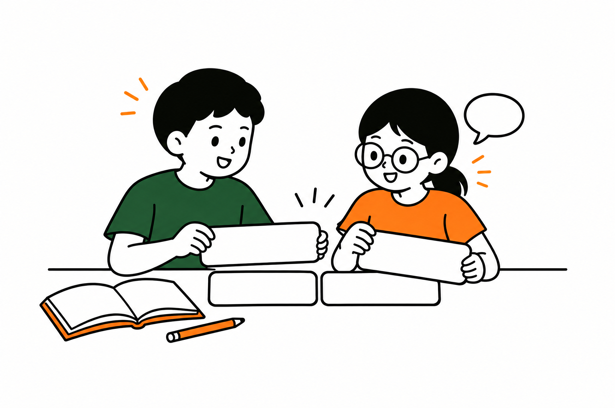 教材のキャラクター、ソクジンとシオンが韓国語を練習するイラスト