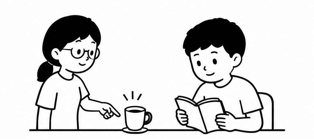 カフェで飲み物を前に会話する教材キャラクターのソクジンとシオン